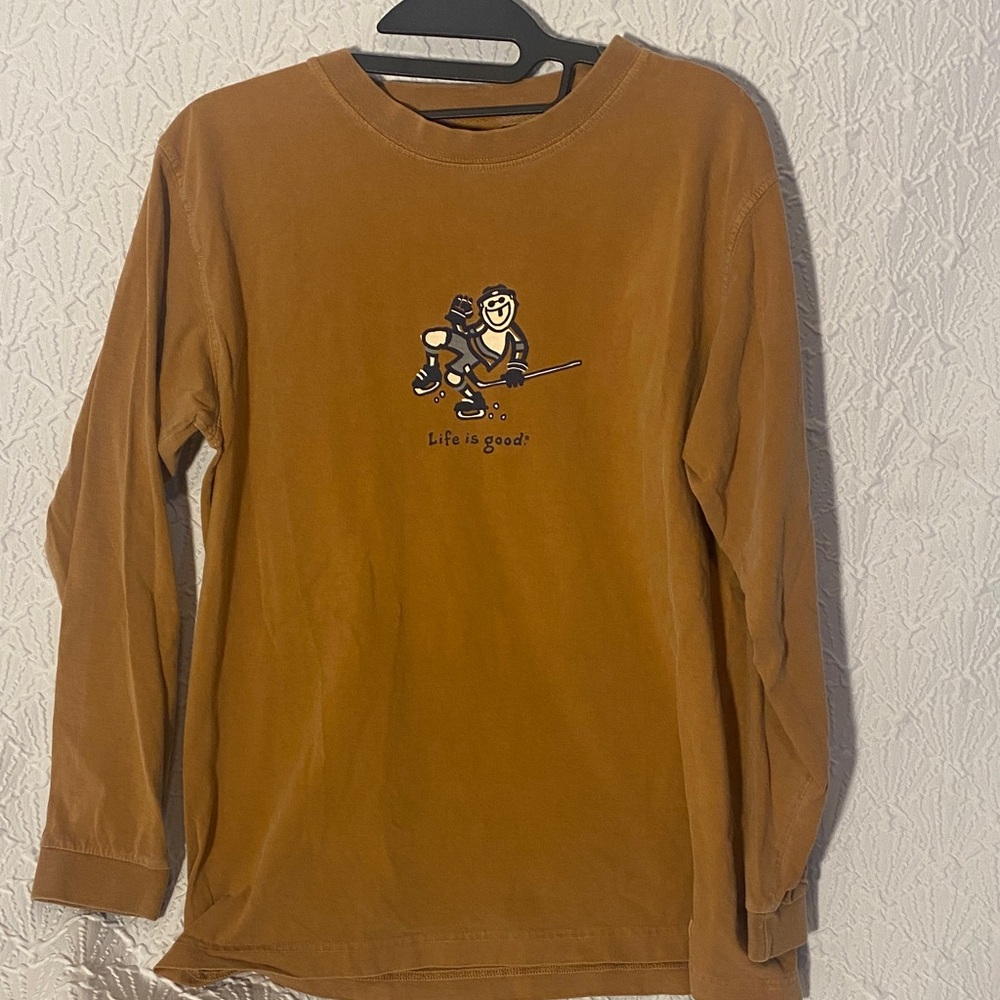 Life Is Good Tan Long Sleeve Tee with Graphic Hockey